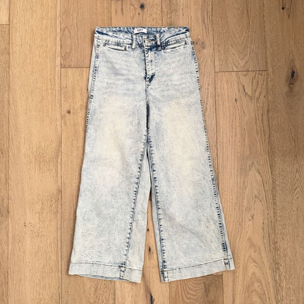 OAT New York Greer Jeans 27 High Rise Wide Leg Crop Acid Wash Stretch Denim